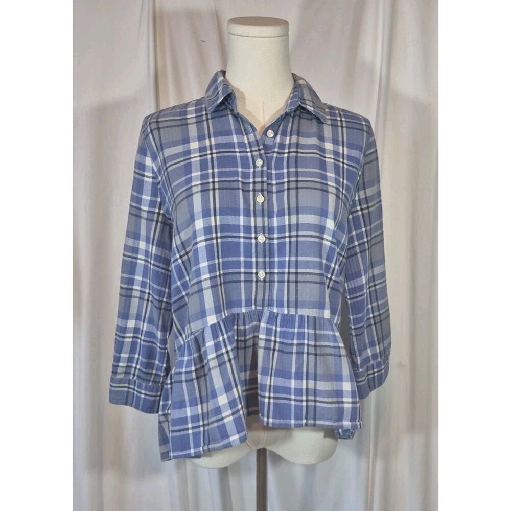 Trovata Birds Of Paradis Blue Gray Plaid Cotton Peplum Top XS